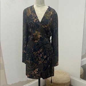 Farm Rio Long Sleeve Wrap Dress in Navy and Gold